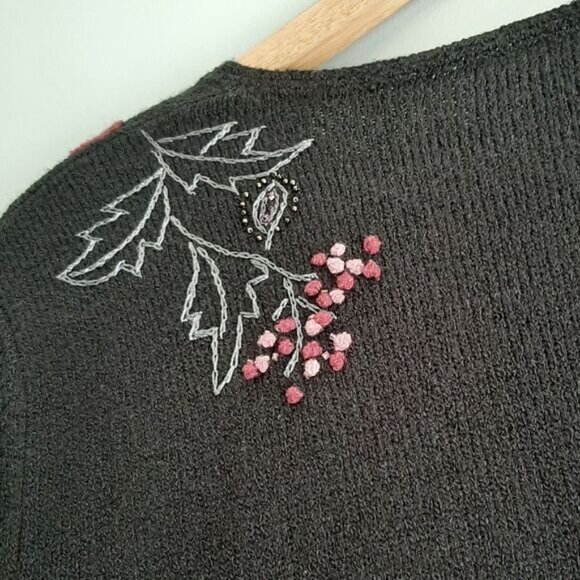 TANJAY / Floral Embroidered Button Down Fine Knit Cardigan Sweater Black Sz M P - Picture 12 of 15
